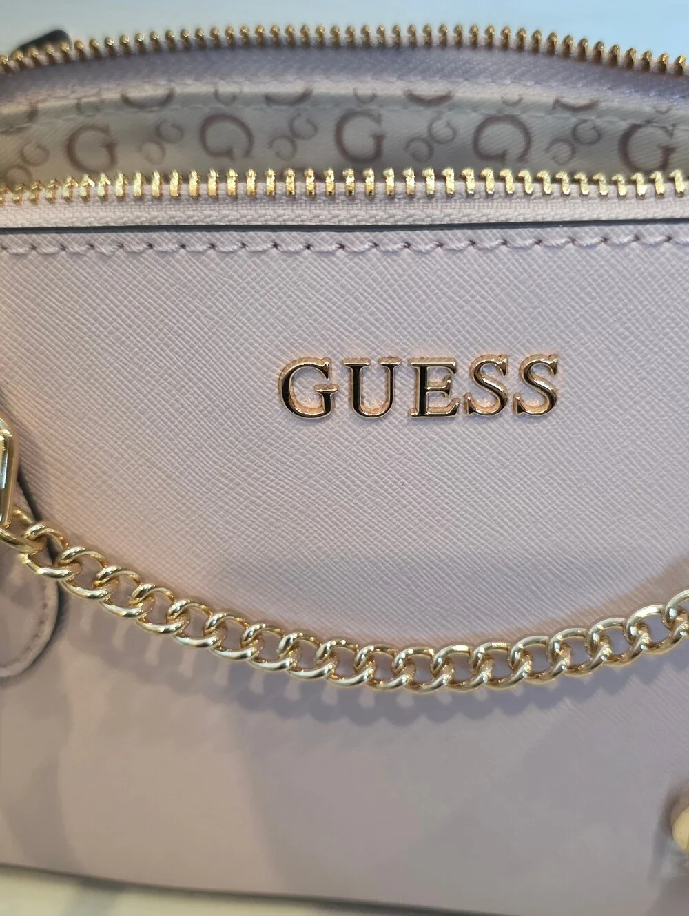 GUESS Blush Pink Saffiano Satchel - Elegant Chain Accent